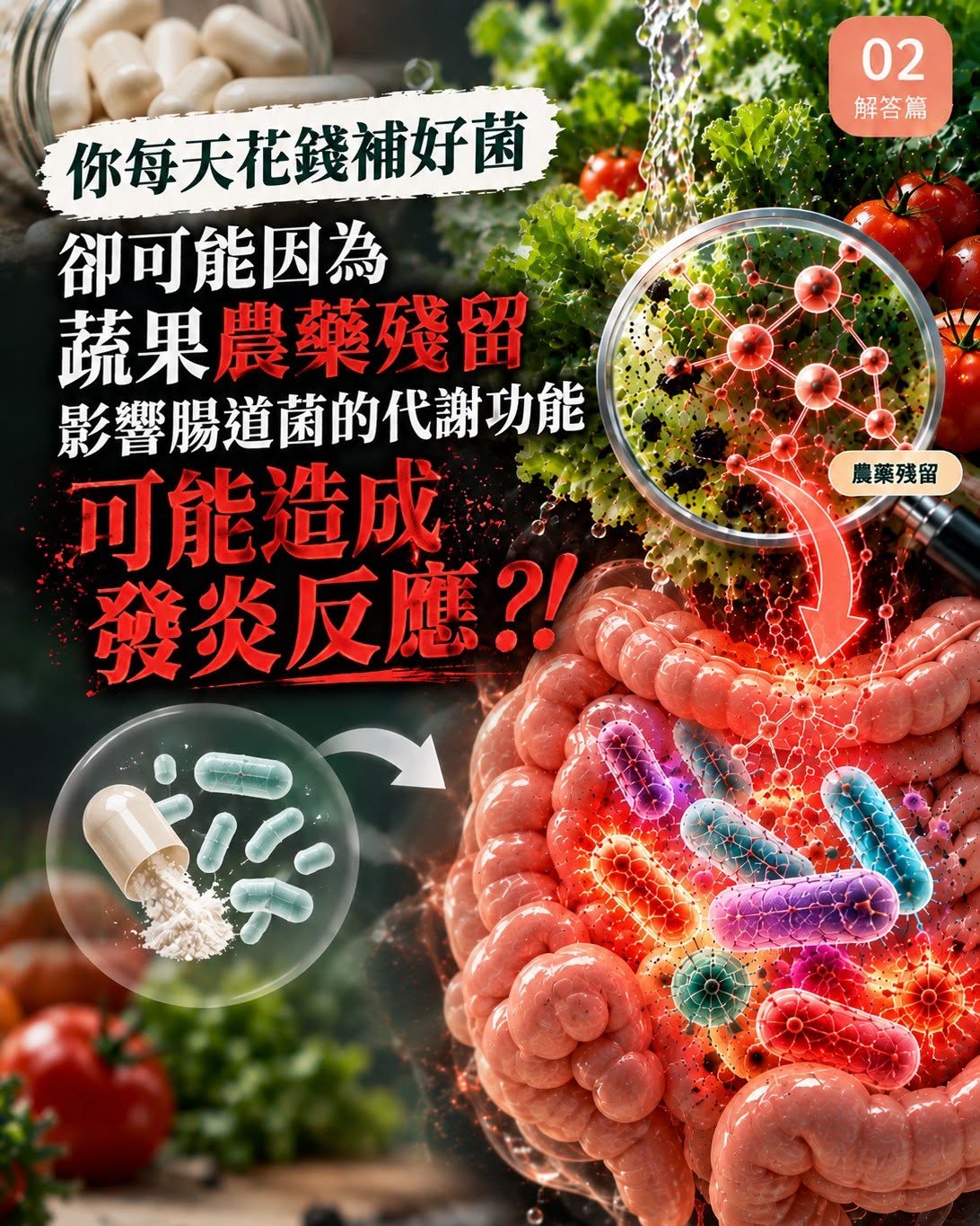 你每天花錢補好菌 因為吃下的蔬果農藥殘留 而改變腸道菌的代謝功能 可能造成發炎反應!